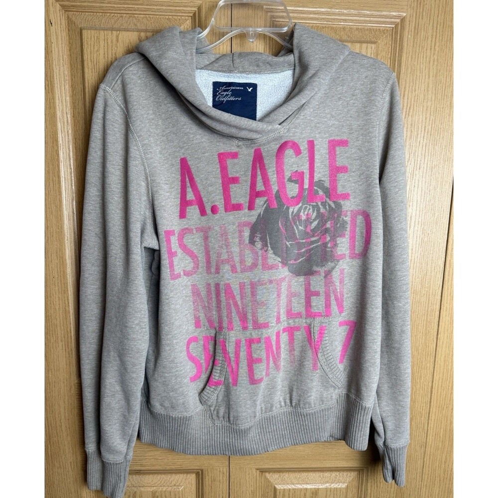 American Eagle Outfitters Hoodie Women's Gray/Pink Graphic Y2K Pullover